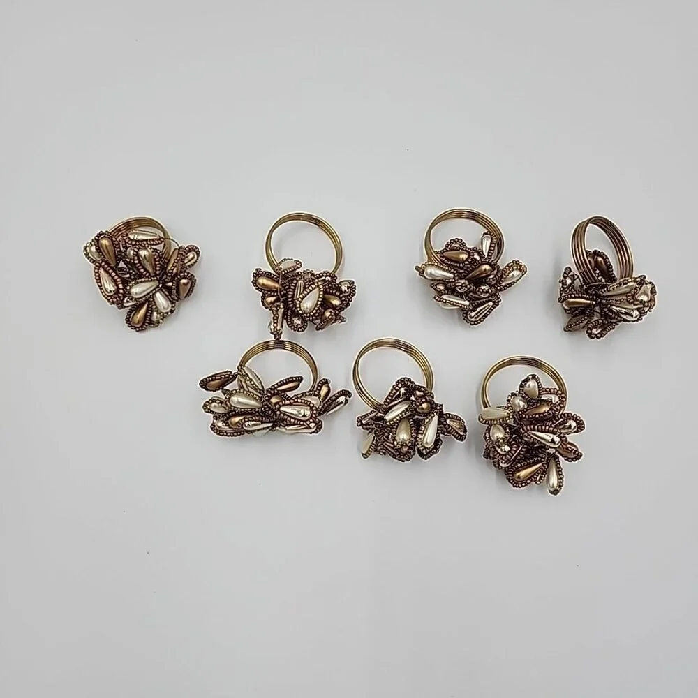KIM SEYBERT GOLD & SILVER GLASS BEADED BAUBLE NAPKIN RINGS Set Of 7